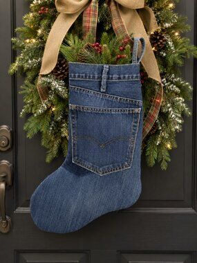 Hand Made Upcycled Dark Blue Wash Lined 17" Hanging Denim Stocking Boot